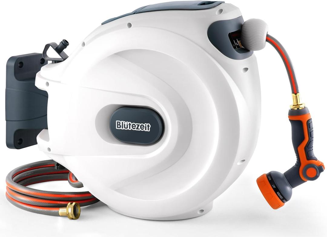 Bltezeit Retractable Garden Hose Reel, 1/2'' x 65ft Hose Reel Wall-Mount with 10-Function Spray Nozzle, Any Length Lock | 180 Swivel | Automatic Slow Rewind | Heavy Duty (White)