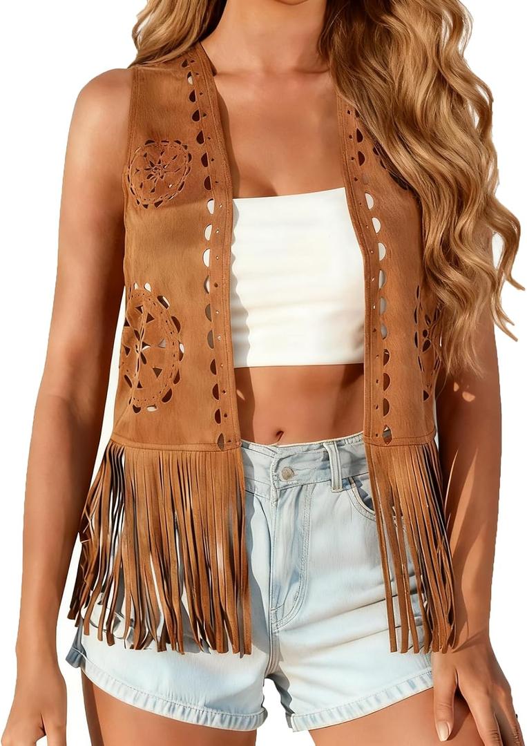Women Western Tassels Vest Tops 70s Hippie Faux Suede Fringe Vests Jacket Cardigan Open Front Rodeo Cowgirl Shirt (Brown)