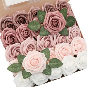 Floroom Artificial Flowers 25pcs Real Looking Dusty Rose Ombre Colors Foam Fake Roses with Stems for DIY Wedding Bouquets Bridal Shower Centerpieces Floral Arrangements Party Tables Home Decorations (25pcs Regular 3")