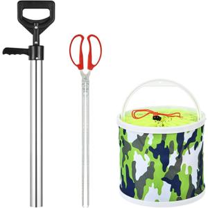 3 Pack Beach Shrimp Catching Tool Kit, Stainless Steel Ghost Shrimp Pump Extractor, Long Handle Serrated Seafood Tongs, 7L Collapsible Camo Bucket for Clam Razor Clam Harvest
