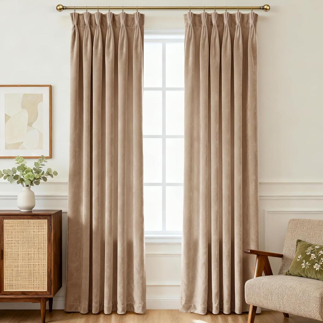 Pinch Pleated Taupe Velvet Curtains for Living Room Modern Elegant Plush Velvet Luxury Fabric Room Darkening Window Drapes Bedroom Curtain 40x96