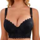 Push Up Bras for Women Lace Underwire Add One Cup Bra with Support Smoothing Bra(34B-46DD) (Black)