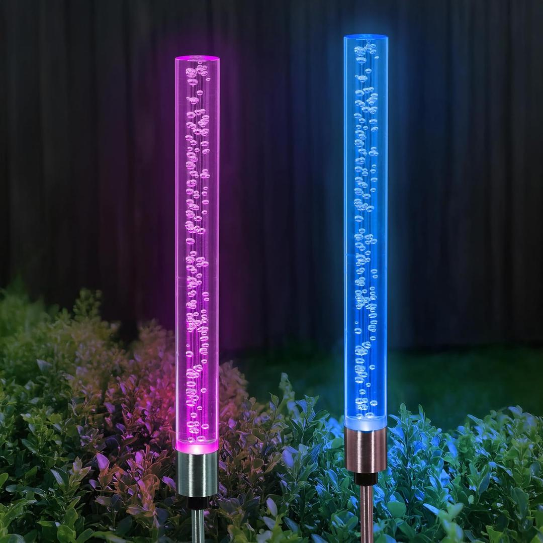 Exhart Garden Solar Lights, Set of 2 Decorative Bubble Garden Stakes, Color Changing LED, Outdoor Garden and Yard Decoration, 2.5 x 34 Inch, Cylinder (RGB (Red, Green, Blue))
