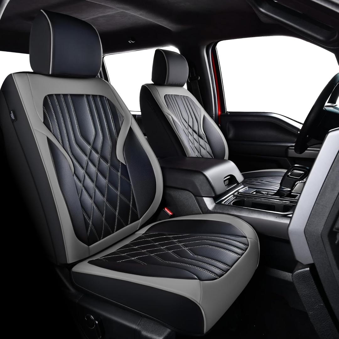 F150 Seat Covers, Napa Leather, for 2015-2026 Ford F150 SuperCrew and 2017-2026 F250 F350 F450 Heavy Duty(Full Set, Black&Gray)