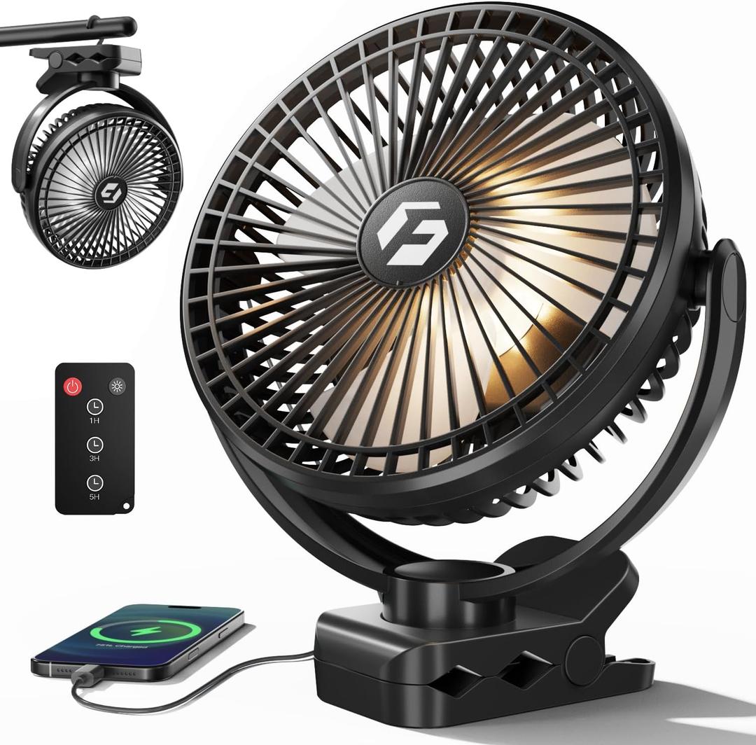 FRIZCOL 12000mAh 8 Inch Portable Clip On Fan Rechargeable, Battery Operated Desk Fan, Camping Fans with lights and Remote, USB Fans Sturdy Clamp for Golf Cart Desk Office Stroller Bedroom Tent (BLACK)
