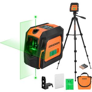 JORGENSEN Laser Level with Tripod & 2 Plumb Dots, 100 FT Self Leveling Point Cross Line Laser Leveler Tool, Wide Angle Green Laser Level for Picture Hanging, Indoor Project, Construction, Carry Bag