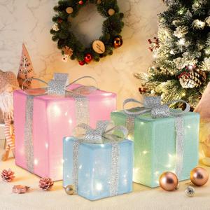 3 Pcs Pastel Christmas Lighted Gift Boxes Decoration Light up Present Christmas Packages with 8 Lighting Modes Candy Color LED Night Light Xmas Decor Outdoor Indoor for Under Tree Holiday