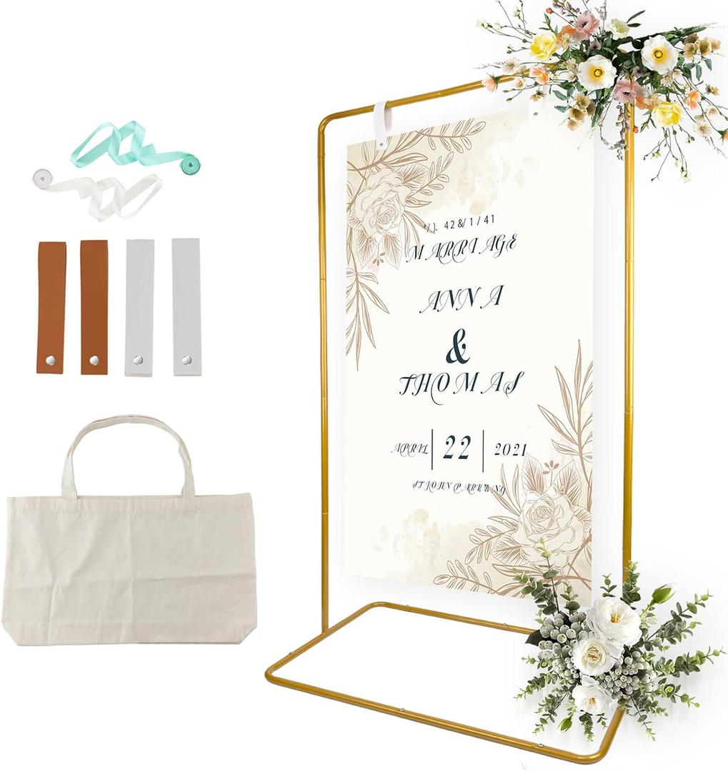 TPFWTD Wedding Sign Holder, Adjustable Welcome Sign Stand w/ Leather Hanging Strap, Satin Ribbon & Carryon Bag, Heavy Duty Easel Stand for Wedding Seating Chart, Display & Poster (Gold)