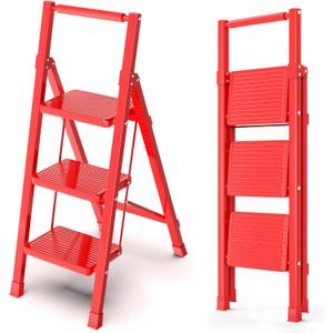 3 Step Ladder, Folding Step Stool with Wide Anti-Slip Pedal Sturdy Steel Ladder with Cushioned Handle for Adults Home (Red)