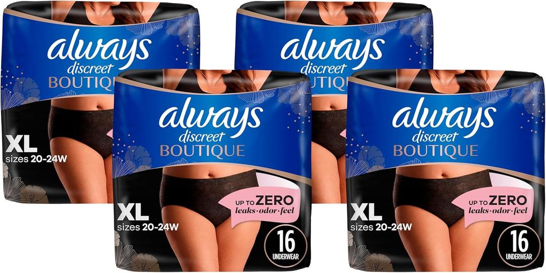 Always Discreet Boutique Incontinence and Postpartum Underwear for Women, Maximum Protection, XL, Black, 16 Count (Pack of 4) Always Discreet Boutique Incontinence and Postpartum Underwear for Women, Maximum Protection, XL, Black, 16 Count (Pack of 4)