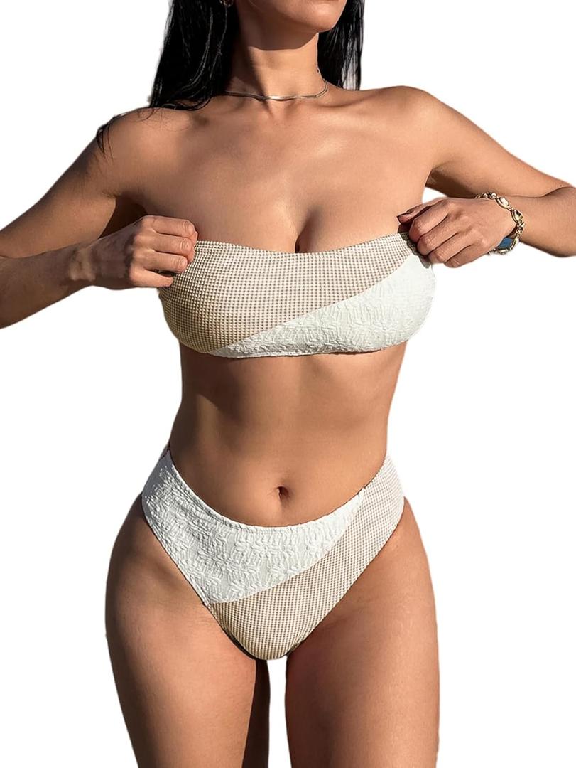ZAFUL Bikini Sets for Women Strapless Color Block Lace Gingham Patchwork Bandeau Swimsuit 2 Pieces Bathing Suit (Medium, 1-brown)