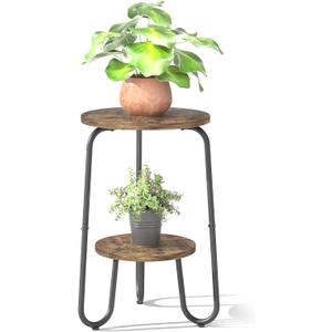 2 Tier Wood Plant Stand Indoor, Small Round Flower Pot Stand, 19.6" Tall Single Plant Holder for Living Room, Balcony, Rustic Brown End Side Table