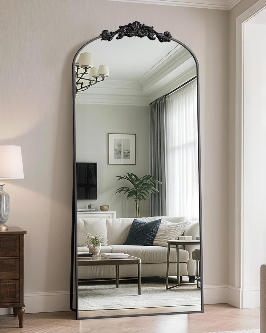 Antok Arched Full Length Mirror, 71"x32" Floor Mirror with Carved, Full Body Mirrors for HomeDecor, Standing/Halling Large Wall Mirror for Bedroom, Living Room, Cloakroom, Black, Retro Style