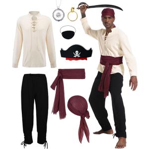 Mens Pirate Costume Adult Medieval Shirt Viking Ankle Banded Pants with Compass Necklace 5 Pcs Pirate Accessories Set (M)