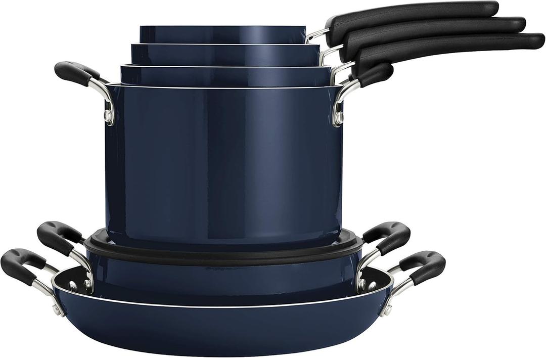 Tramontina Aluminum Non Stick 11-Piece Nesting Pots and Pans Set with Lids - Naval, Kitchen Nonstick Cookware Set, Dishwasher and Oven Safe