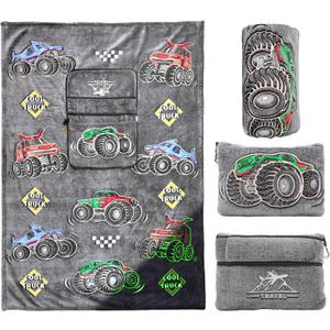 Truck Travel Blanket Pillow, Travel Blanket Airplane Compact with Bag, Pillow Blanket for Kids, Airplane Blanket for Long Flights, Plane & Car Travel Essentials, Glow in The Dark, Camping Outdoor