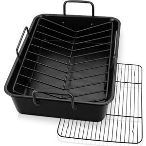 P&P CHEF 16" Roaster Roasting Pan with Baking Rack and V-shaped Rack, Stainless Steel Rectangular Lasagna Pan with Handles for Turkey Chicken, Healthy & Dishwasher Safe, 3 Pieces, Black