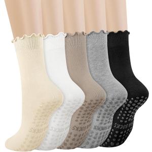 5 Pairs Pilates Yoga Socks with Grips for Women, Cute Cotton Ruffle Frilly Cuff Non Slip Grippy Athletic Crew Socks, M