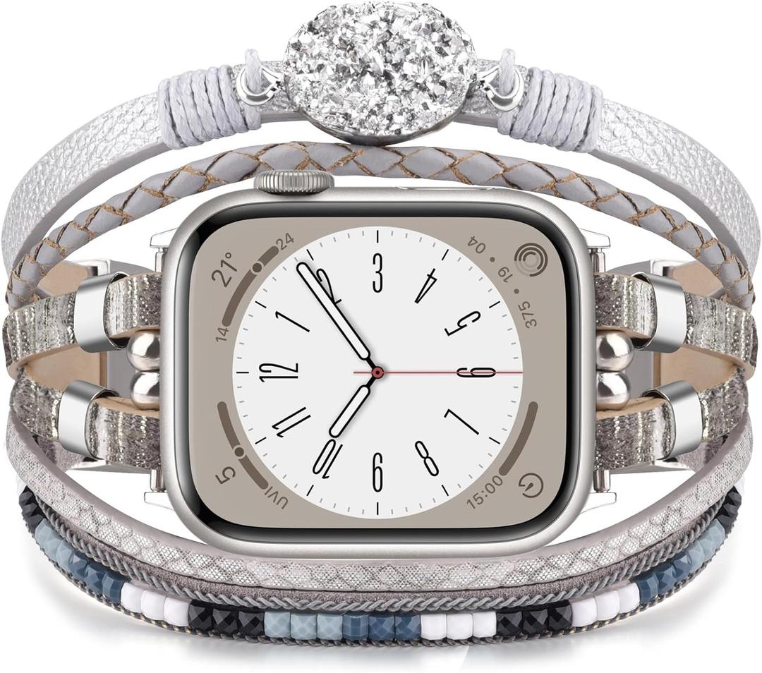 KOREDA Boho Leather Bracelet Compatible for Apple Watch Band 38mm 40mm 41mm 42mm 44mm 45mm 46mm Series 11 10 9 8 7 SE Women, Handmade Multilayer Wrap Beaded Jewelry Apple Watch Strap for iWatch Series 6/5/4/3/2/1 (Grey)