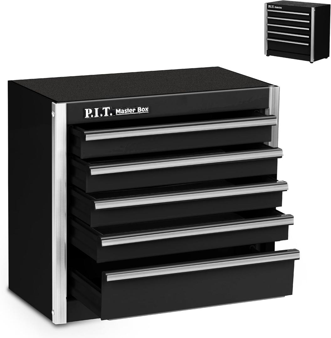 P.I.T. Mini Black Tool Box, Portable 5-Drawer Micro Roll Cab Steel Stackable Tool Box with Liner, Black Small Tool Case for Tools Storage and Organizers, Home DIY