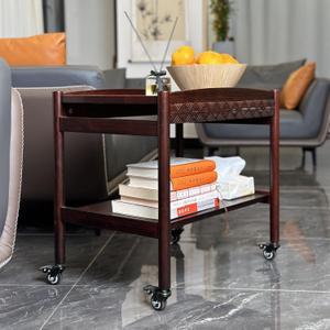 Wooden Sofa Side Table with Wheels, 2-Tier Rolling Tea Cart and Coffee Cart, Mobile Storage Cart with Drawers for Kitchen, Bedroom, Office, Home Bar, and Pantry Organization