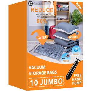 Vacuum Storage Bags (10 x Jumbo), Space Saver Sealer Compression Bags with Travel Hand Pump for Blankets, Comforters, Pillows, Clothes Storage (10 Jumbo)