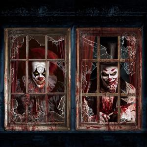 Newwiee 2 Pcs Scary Halloween Curtain Window Silhouette Cover Decoration Theme Poster for Indoor Outdoor Party Wall Door(Blood Clown) Newwiee 2 Pcs Scary Halloween Curtain Window Silhouette Cover Decoration Theme Poster for Indoor Outdoor Party Wall Door(Blood Clown)