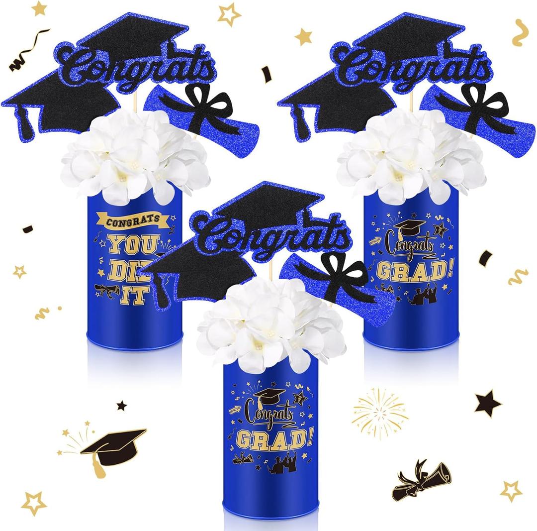 Domensi 3 Sets Graduation Table Centerpiece Decorations Class of 2025 Includes 3 Silk Artificial Flower 9 Congrats Grad Sticks Picks Toppers 3 Metal Vases for Home Party Supplies Gifts (Blue)