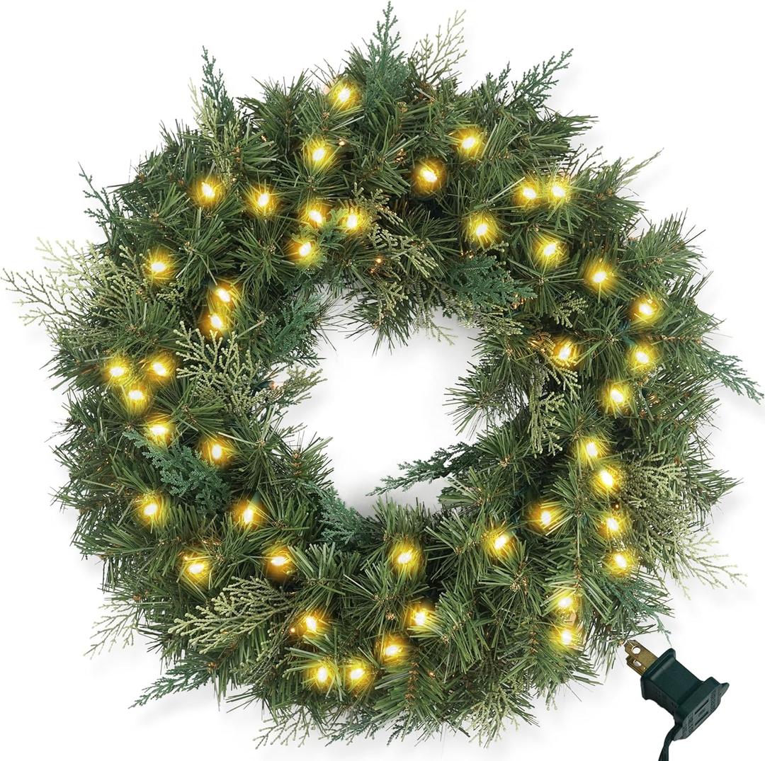 Christmas Wreath Pre-lit 24 inch with 100 Light & Cupressus Tips, Artificial Christmas Wreaths for Front Door with Lights, Wreath for Christmas Decoration Door Windows Wall Green Plug in