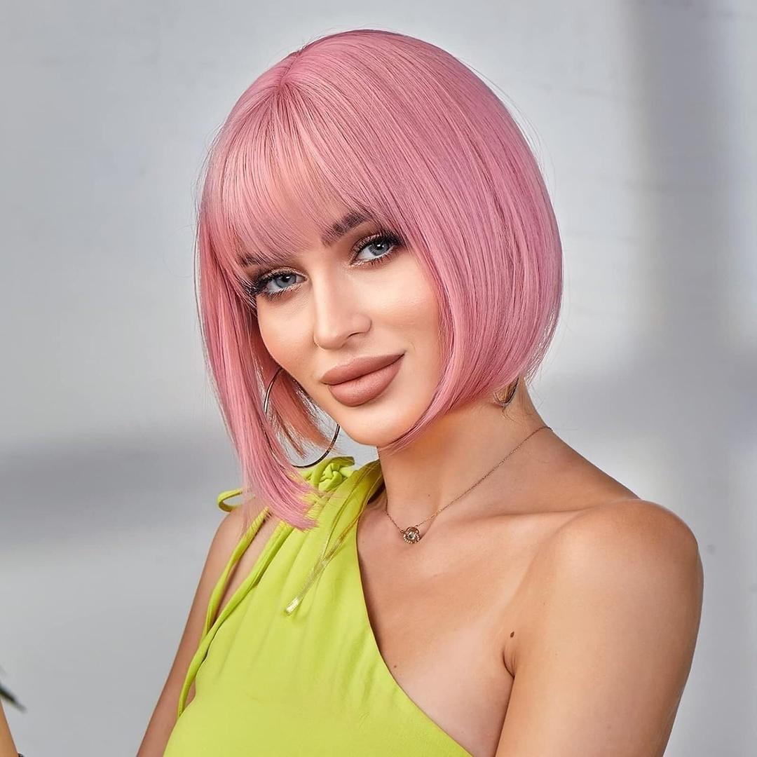 Short Bob Straight Pink Wigs with Bangs for Women, Synthetic Wig Heat Resistant Hair for Daily Party Cosplay