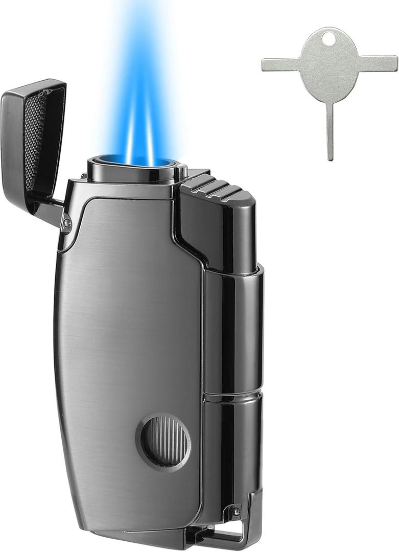 Double Torch Butane Lighter with Punch, Jet Windproof Lighter with Keyhole, Refillable and Adjustable, Great Gift for Men and Women, Sold Without Butane(Black)