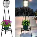 MXwcy 2 Pack Solar Lights Outdoor with Plant Stands - Solar Floor Lamp & Street Lights with Metal Tripod - Patio Decor for Garden, Yard, Pathway, Driveway, Porch (36in, A- 2Pack Black - Single shelf)