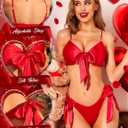 RSLOVE Women Sexy Lingerie Set Satin Bow Tie 2 Piece Bra and Panty Sets (Red, L)