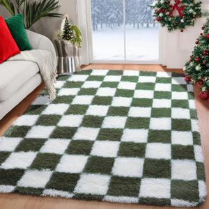 KICMOR Area Rugs for Bedroom Living Room, 4x6 Soft Fluffy Olive Green and White Checkered Shag Rug Fuzzy Shaggy Plush Bedside Carpet, Non-Slip Indoor Floor Rug for Boys Girls Room Nursery Home Decor