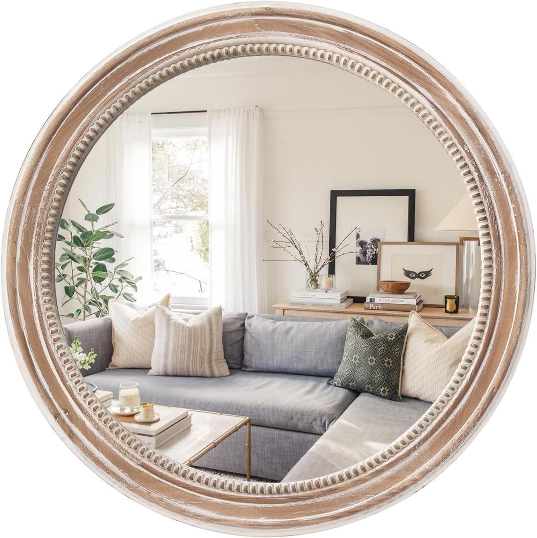 sawsile Round Wood Mirror,24 inch Circle Rustic Farmhouse Natural Wooden Frame Boho Beads Wall Mirror for Bathroom,Living Room,Bedroom or Entryway
