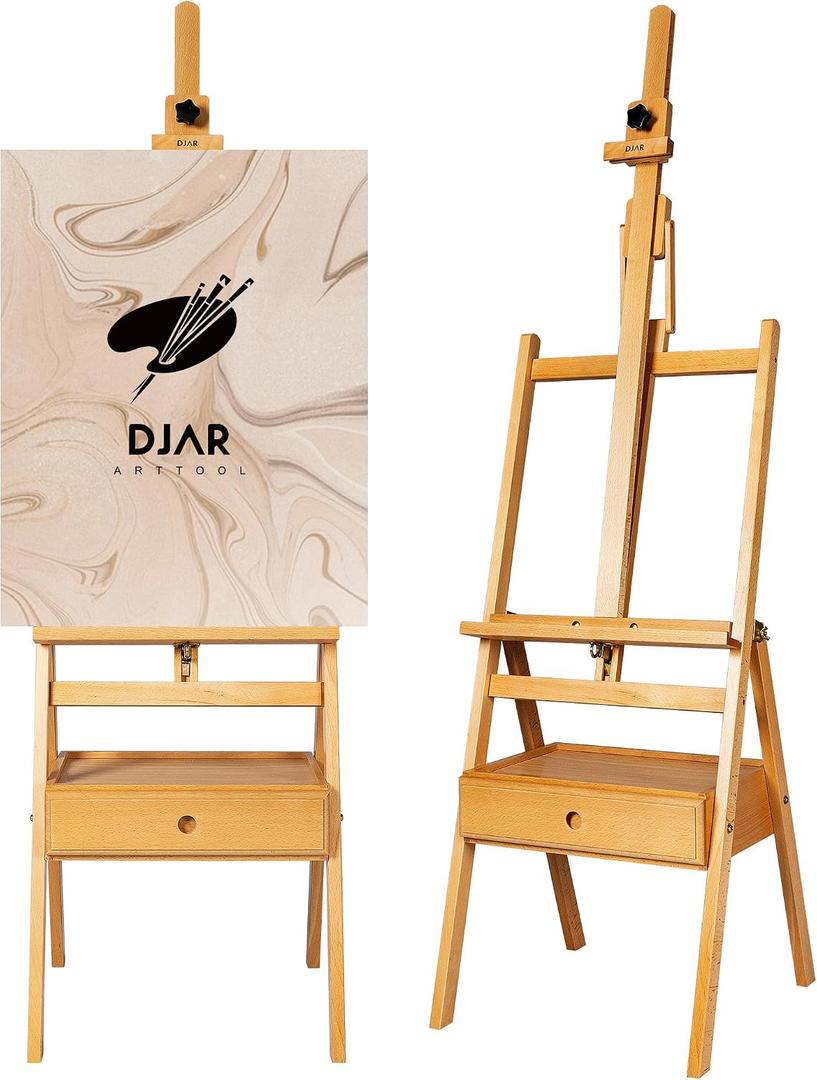 DJAR Art Easel for Painting with Storage Drawer, Middle Mast Adjustable to 75", Solid Beech Wood Artist H-Frame Easel for Adults, Students, Hold Canvas up to 36", Natural, 17.3 inches x 17.7 inches x 59 inches