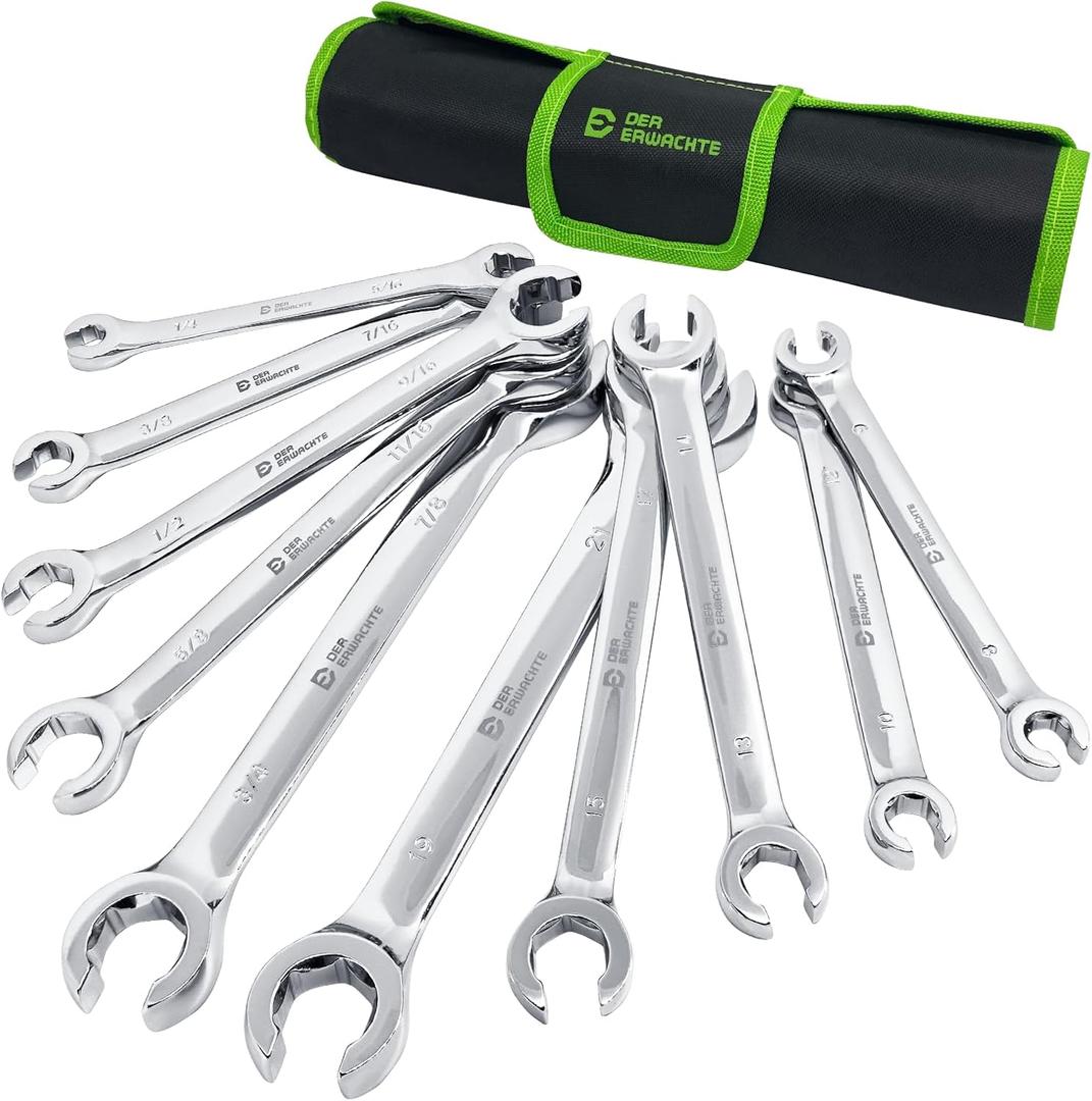 Flare Nut Wrench Set, Standard & Metric, 10-Piece, 1/4" to 7/8'' & 8-21mm, CR-V Steel, Brake Line Wrench Set with Organizer Pouch