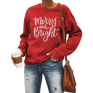 Merry and Bright Sweatshirt Women Long Sleeve Christmas Shirts Letter Print Xmas Holiday Tops Red