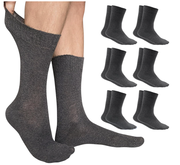 Cotton Diabetic Crew Socks - Thin, Grey Diabetic Socks for Men Size 13-15 XL Non-Binding Top Seamless Toe 6 Pairs