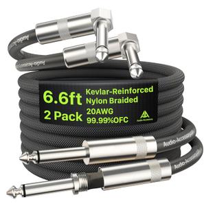 Right Angle Guitar Cable 6.6ft 2 Pack, Nylon Braided Anti-Kinking Kevlar-Reinforced, 20 AWG 99.99% OFC 1/4 Instrument Cable, AL & OFC Shielded Guitar Cord for Fender Electric Guitar (Black)
