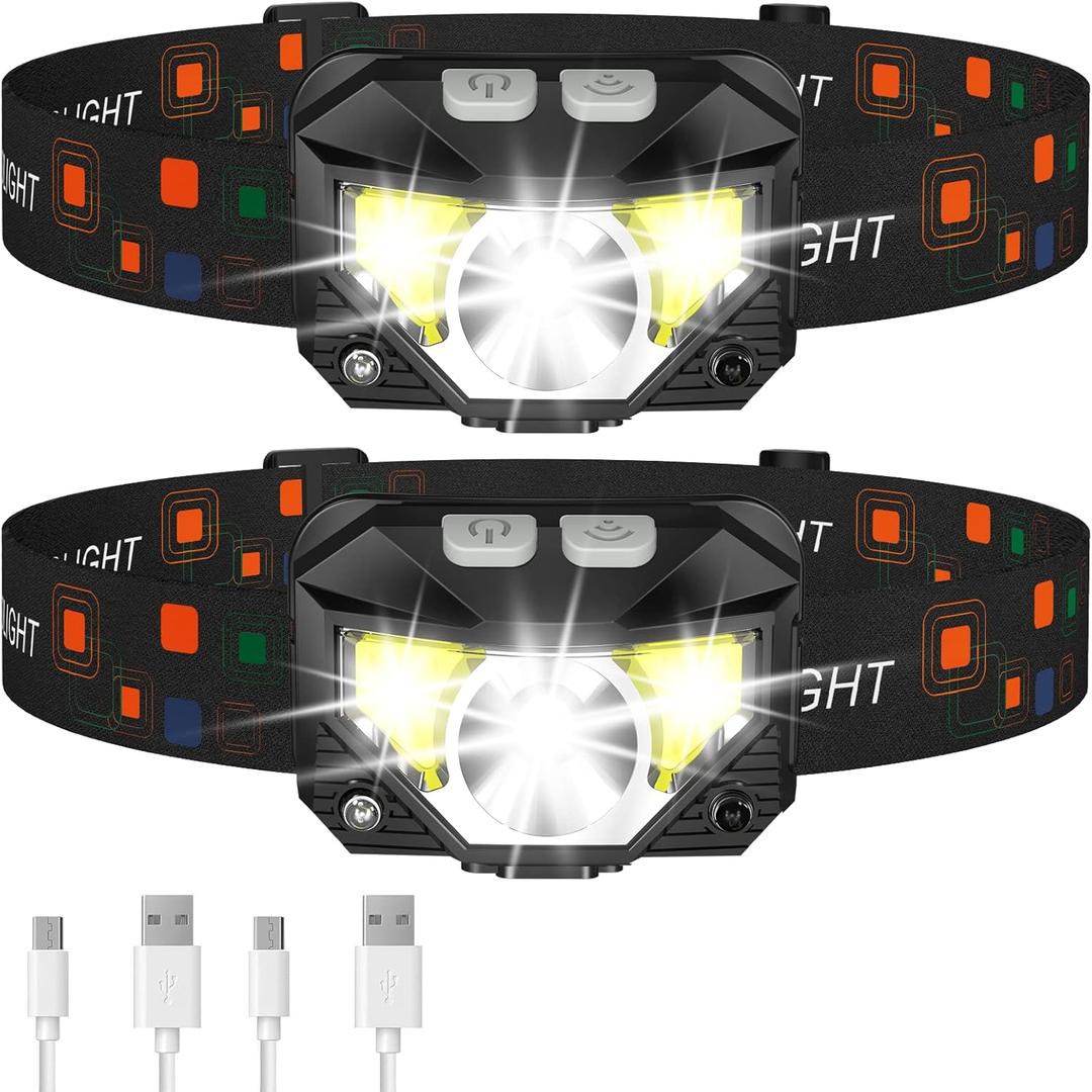 Headlamp Flashlight, Lumen Ultra-Light Bright LED Rechargeable Headlight with White Red Light, 2-Pack Waterproof Motion Sensor Head Lamp, 8 Modes for Outdoor Camping Running Hiking Fishing
