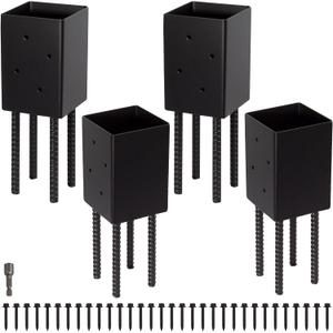 LADECH 4x4 Post Base Holder Ground Spike Use for Concrete Deck - Post Anchor Brackets Metal Black Powder Coated 4 Inches x 4 Inches (Inner Dia 3.5x3.5) 4 Pack