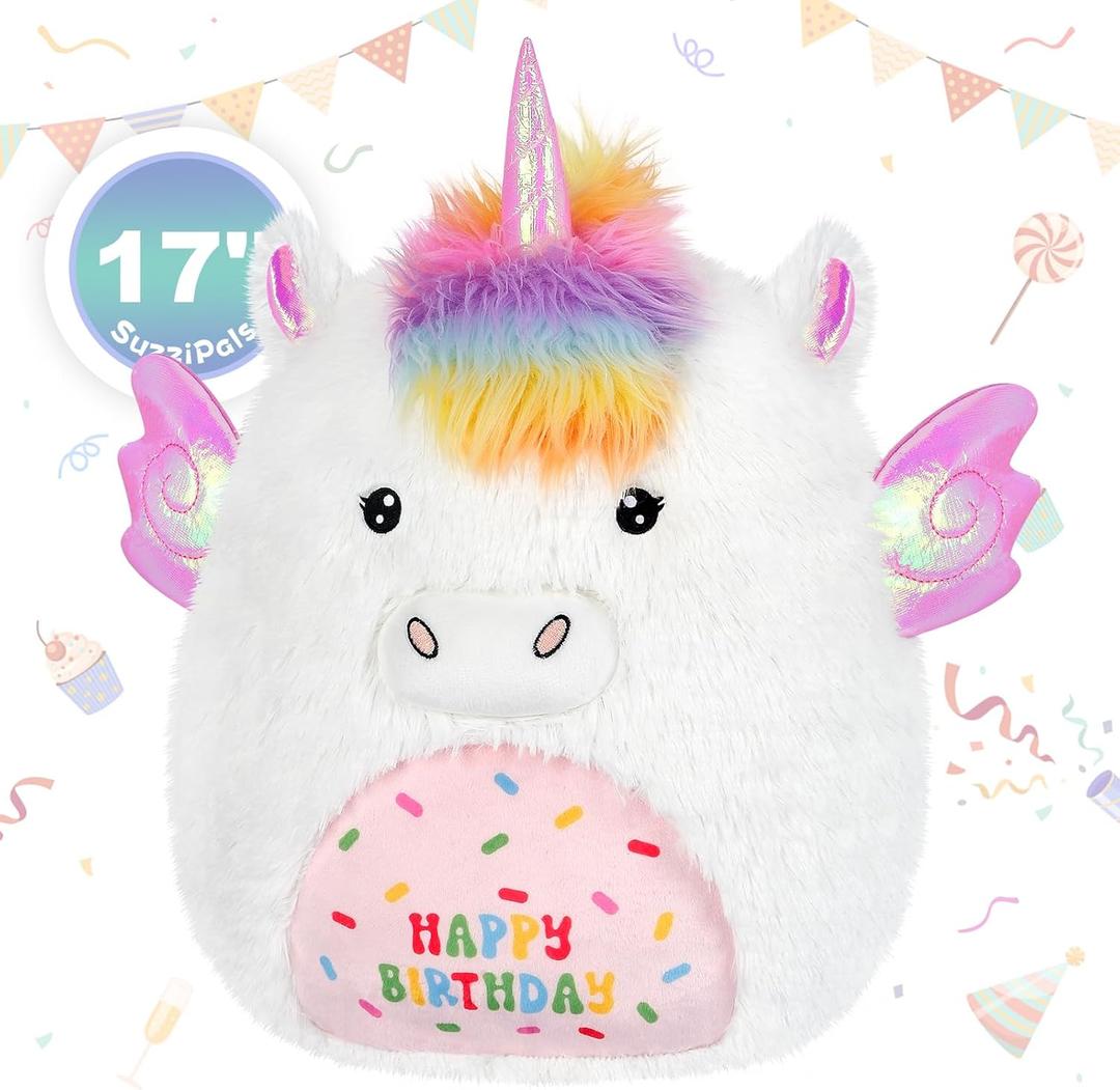 SuzziPals 17'' Happy Birthday Unicorn Plush Pillow, Soft & Squishy, White Unicorn Stuffed Animal for Cuddle, Plushie Room Decor, for Girls & Boys