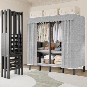 Heavy Duty Portable Wardrobe Closet with Cover 1200lbs Foldable Garment Rack for Hanging Clothes Large Covered Clothing Coat Storage Organizer, Enclosed Curtain (Gray Zipper, 59in)
