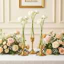 6-Pack Glass Bud Vase for Candlesticks & Brass Gold Taper Candle Holder Set, 7" Bud Vases for Flowers, Fits in 20-22mm Candle Vase Holders with Silicone Adapters for Tablescapes, Weddings & Home Decor
