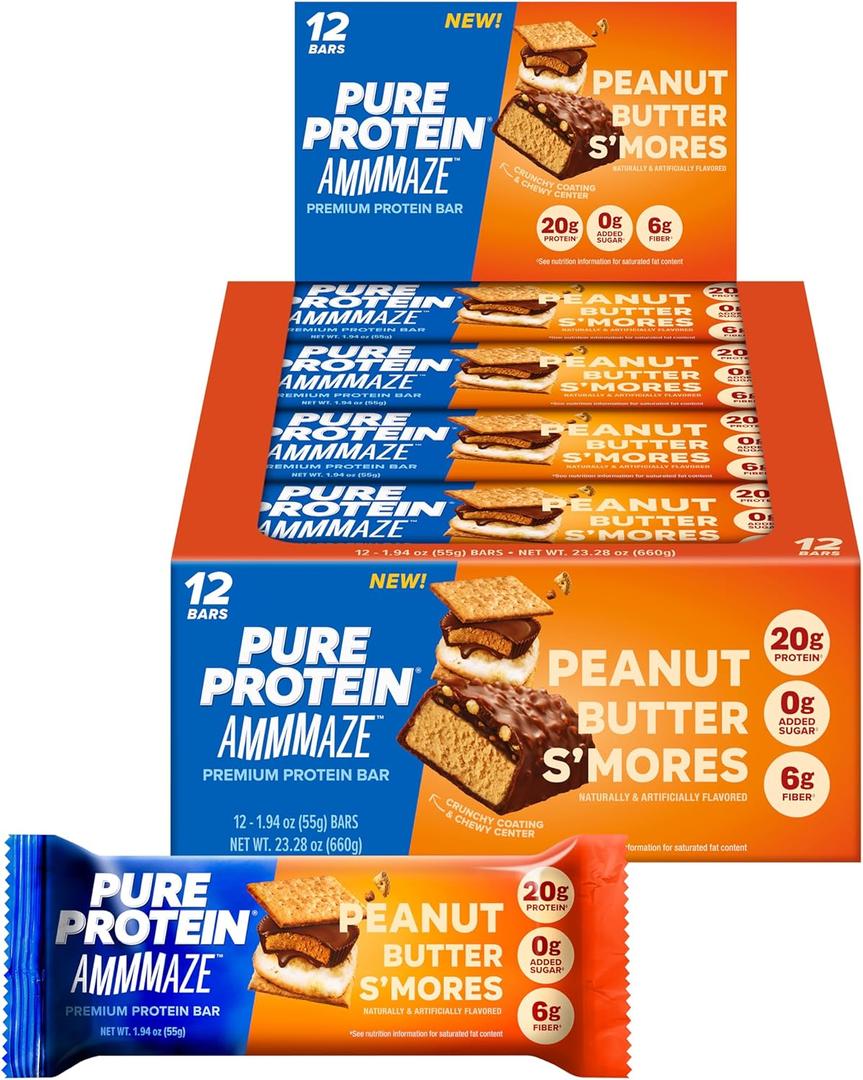 Pure Protein AMMMAZE Peanut Butter Smores Bars, 20g Protein, 6g Fiber, 5g Net Carbs, No Added Sugar, High Protein Snack, 12 Count  Meal Replacement Bar for On-the-Go