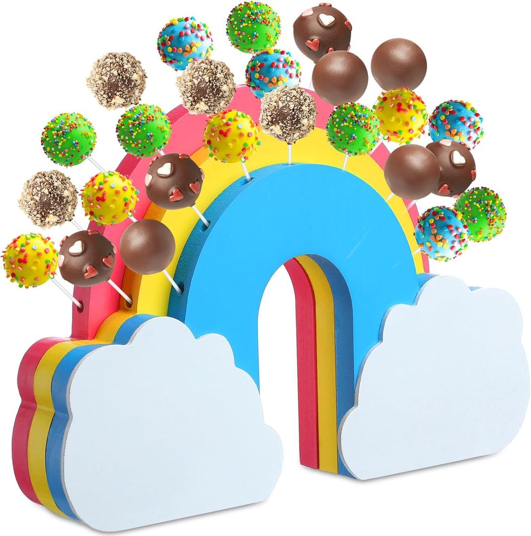 DoubleFill Rainbow Wooden Cake Pop Stand Lollipop Holder for Dessert Table 26 Holes Cake Pop Display Stand Suit 0.16''/4mm Lollipop Sticks for Birthday Parties Weddings Baby Showers Anniversaries