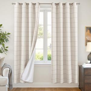 Lajode Grey Linen Blackout Curtains for Living Room - Plaid Patterned Curtains 72 Inch Long, Boho Black Out Thermal Insulated Drapes for Bedroom Grommet Style 52x72 Inch 2 Panels, Grey