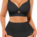 SHAPELLX High Waisted Bikini Tummy Control Two Piece Swimsuits for Women Ruched Bathing Suit Twist Front Bikini Sets (Large, A1-black)
