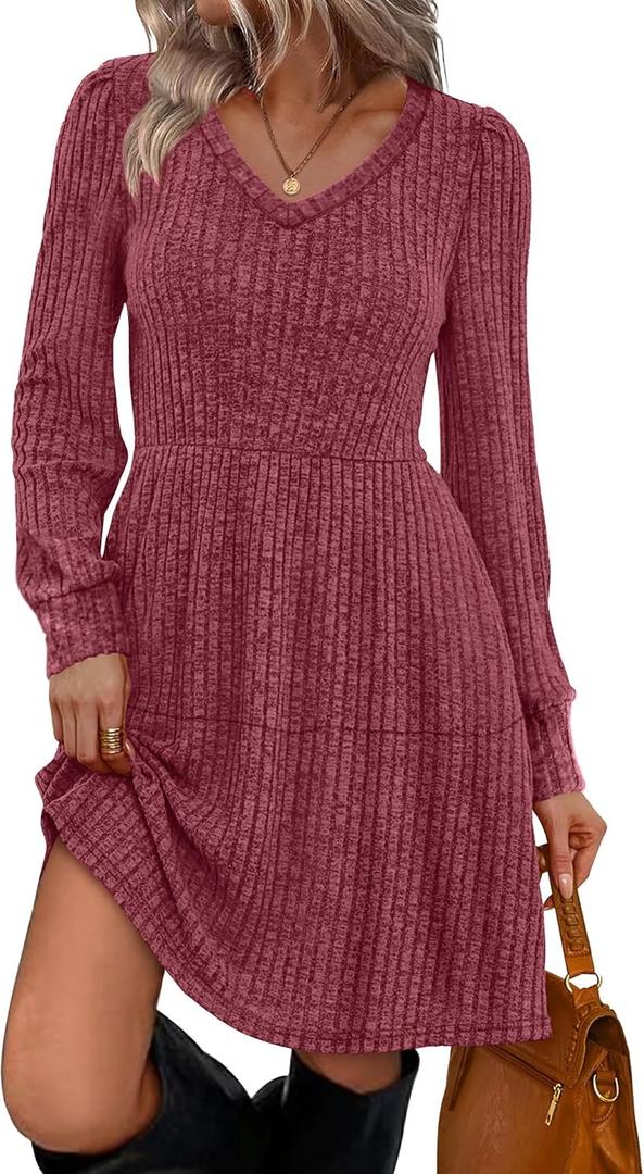 SAMPEEL Women's V Neck Long Sleeve Fall Dresses Baby Doll Casual Sweater Dress Fashion Clothes (Large, Fuchsia)